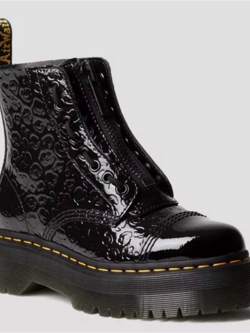 Dr. Martens Black Patent Platform Ankle Boot with Yellow Stitching